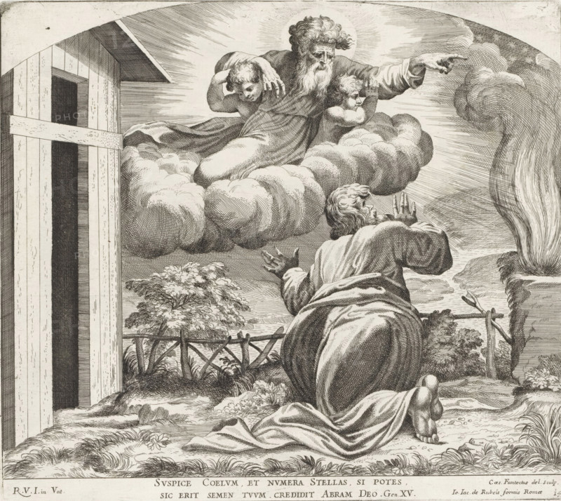 God tells Abraham his destiny, Imagines Veteris ac Novi Testamenti, Paintings in the Loggia by Raphael, Raphael Bible, print, album page, Series number, 14, 52, Abraham is kneeling in the field in front of his barn. He is talking to God who has appeared in the sky. Bible verse below the image. Print is part of an album., number: '136', printmaker: Cesare Fantetti, Italy, after painting by Raphael, Vatican City, publisher: Giovanni Giacomo de' Rossi, Rome, grantor of privilege: Papal Court, 1675, Cesare Fantetti, Raphael, Giovanni Giacomo de' Rossi, Papal Court, grantor of privilege, paper, etching, height 231 mm x width 260 mm, Print is part of a series of 55 prints, consisting of three unnumbered prints and a set of 52 numbered prints after the paintings in the Loggia by Raphael., Abraham communicating with God (in general), A bearded elderly man with flowing hair and robes leans forward on a bank of clouds while two cherubic children cling to him, one resting against his shoulder and...