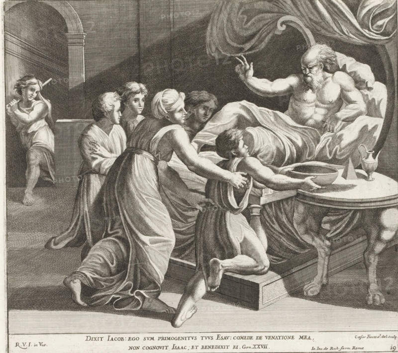 Isaac blesses Jacob, Raphael Bible, Paintings in the Loggia by Raphael, Imagines Veteris ac Novi Testamenti, print, album page, Series number, 19, 52, Isaac lies in bed and blesses his son Jacob. Jacob, who has disguised himself as his brother Esau, brings his father food. In the background on the left, Esau enters. Bible verse below the image. Print is part of an album., number: '141', printmaker: Cesare Fantetti, Italy, after painting by Raphael, Vatican City, publisher: Giovanni Giacomo de' Rossi, Rome, grantor of privilege: Papal Court, 1675, Cesare Fantetti, Raphael, Giovanni Giacomo de' Rossi, Papal Court, grantor of privilege, paper, etching, height 241 mm x width 267 mm, Print is part of a series of 55 prints, consisting of three unnumbered prints and a set of 52 numbered prints after the paintings in the Loggia by Raphael., Isaac lying in bed blesses Jacob who, disguised in Esau's clothes, brings food to his father, Jacob's hands and neck are covered with goatskins, A monochro...