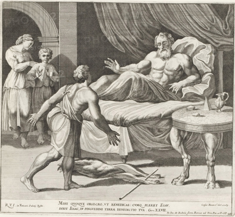 Isaac promises Esau a second blessing, Raphael Bible, Imagines Veteris ac Novi Testamenti, Paintings in the Loggia by Raphael, print, album page, Series number, 20, 52, Isaac lies in bed and promises his son Esau, who is standing at the foot of the bed, a second blessing. Jacob and Rebekah stand in the background on the left. Bible verse below the image. Print is part of an album., number: '142', printmaker: Cesare Fantetti, Italy, after painting by Raphael, Vatican City, publisher: Giovanni Giacomo de' Rossi, Rome, grantor of privilege: Papal Court, 1675, Cesare Fantetti, Raphael, Giovanni Giacomo de' Rossi, Papal Court, grantor of privilege, paper, etching, height 240 mm x width 268 mm, Print is part of a series of 55 prints, consisting of three unnumbered prints and a set of 52 numbered prints after the paintings in the Loggia by Raphael., Isaac's blessing (of Jacob and Esau) (Genesis 27), A monochrome engraving shows a muscular bearded man reclining on a bed draped with cloth, one ...