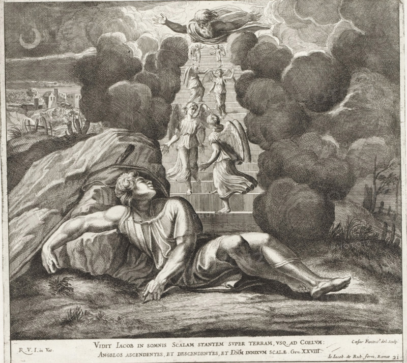 Jacob's Dream, Paintings in the Loggia by Raphael, Raphael Bible, Imagines Veteris ac Novi Testamenti, print, album page, Series number, 21, 52, Jacob is sleeping, with his head on a stone. He dreams of a ladder reaching to heaven and down which angels are descending. At the top of the ladder, God the Father hovers. Bible verse below the image. Print is part of an album., number: '143', printmaker: Cesare Fantetti, Italy, after drawing by Cesare Fantetti, after painting by Raphael, Vatican City, publisher: Giovanni Giacomo de' Rossi, Rome, grantor of privilege: Papal Court, 1675, Cesare Fantetti, Raphael, Giovanni Giacomo de' Rossi, Papal Court, printmaker, after drawing by, after painting by, publisher, grantor of privilege, paper, etching, height 240 mm x width 262 mm, Print is part of a series of 55 prints, consisting of three unnumbered prints and a set of 52 numbered prints after the paintings in the Loggia by Raphael., the dream of Jacob: while sleeping on the ground with a stone...