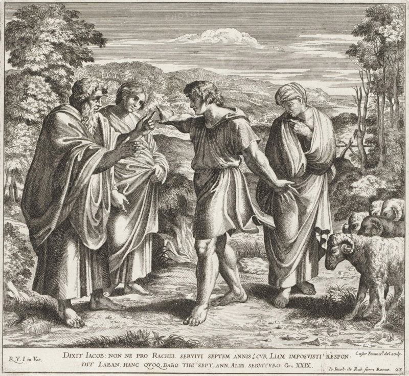 Jacob complains to Laban, Paintings in the Loggia by Raphael, Imagines Veteris ac Novi Testamenti, Raphael Bible, print, album page, Series number, 23, 52, Jacob stands before Laban and complains, in the presence of Leah and Rachel, about Laban's trick. Laban deceived Jacob by having him marry Leah instead of Rachel. Bible verse below the image. Print is part of an album., number: '145', printmaker: Cesare Fantetti, Italy, after drawing by Cesare Fantetti, after painting by Raphael, Vatican City, publisher: Giovanni Giacomo de' Rossi, Rome, grantor of privilege: Papal Court, 1675, Cesare Fantetti, Raphael, Giovanni Giacomo de' Rossi, Papal Court, printmaker, after drawing by, after painting by, publisher, grantor of privilege, paper, etching, height 236 mm x width 307 mm, Print is part of a series of 55 prints, consisting of three unnumbered prints and a set of 52 numbered prints after the paintings in the Loggia by Raphael., after the wedding-night Jacob discovers that he has been dec...