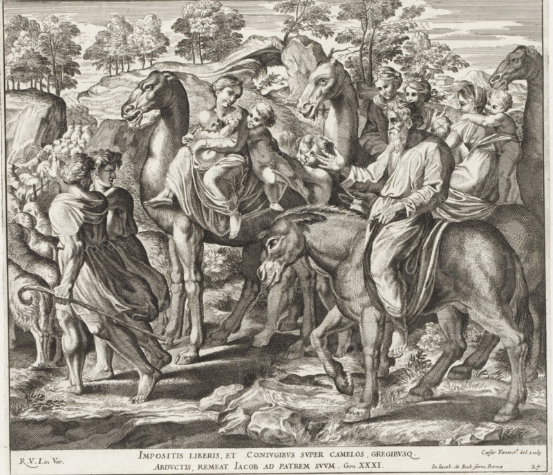 Jacob with his family on their way home, Raphael Bible, Imagines Veteris ac Novi Testamenti, Paintings in the Loggia by Raphael, print, album page, Series number, 24, 52, Jacob stands before Laban and complains, in the presence of Leah and Rachel, about Laban's trick. Laban deceived Jacob by having him marry Leah instead of Rachel. Bible verse below the image. Print is part of an album., number: '146', printmaker: Cesare Fantetti, Italy, after drawing by Cesare Fantetti, after painting by Raphael, Vatican City, publisher: Giovanni Giacomo de' Rossi, Rome, grantor of privilege: Papal Court, 1675, Cesare Fantetti, Raphael, Giovanni Giacomo de' Rossi, Papal Court, printmaker, after drawing by, after painting by, publisher, grantor of privilege, paper, etching, height 243 mm x width 274 mm, Print is part of a series of 55 prints, consisting of three unnumbered prints and a set of 52 numbered prints after the paintings in the Loggia by Raphael., Jacob on the way to Canaan with his family, h...