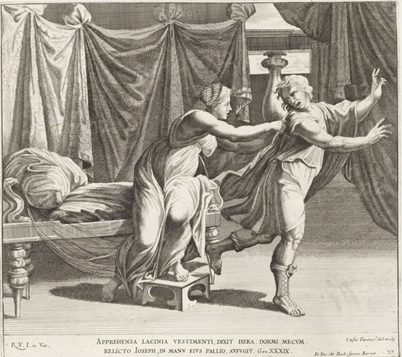 Joseph and Potiphar's wife, Imagines Veteris ac Novi Testamenti, Paintings in the Loggia by Raphael, Raphael Bible, print, album page, Series number, 27, 52, Joseph in a bedroom, walking away from Potiphar's wife. She grasps his cloak. Bible verse below the image. Print is part of an album., number: '149', printmaker: Cesare Fantetti, Italy, after painting by Raphael, Vatican City, publisher: Giovanni Giacomo de' Rossi, Rome, grantor of privilege: Papal Court, 1675, Cesare Fantetti, Raphael, Giovanni Giacomo de' Rossi, Papal Court, grantor of privilege, paper, etching, height 234 mm x width 260 mm, Print is part of a series of 55 prints, consisting of three unnumbered prints and a set of 52 numbered prints after the paintings in the Loggia by Raphael., Potiphar's wife catches Joseph by his robe, usually while lying in bed, Joseph escapes leaving his cloak behind in her hands (possibly with a naked child lying in a crib), A monochrome engraving shows an interior with draped curtains and...