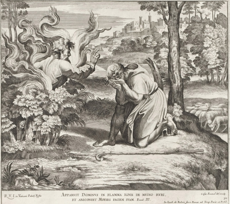 God appears to Moses in the burning bush, Raphael Bible, Imagines Veteris ac Novi Testamenti, Paintings in the Loggia by Raphael, print, album page, Series number, 30, 52, God appears to Moses in the burning bush. Moses is kneeling with his hands in front of his face. Bible verse below the image. Print is part of an album., number: '152', printmaker: Cesare Fantetti, Italy, after painting by Raphael, Vatican City, publisher: Giovanni Giacomo de' Rossi, Rome, grantor of privilege: Papal Court, 1675, Cesare Fantetti, Raphael, Giovanni Giacomo de' Rossi, Papal Court, grantor of privilege, paper, etching, height 262 mm x width 270 mm, Print is part of a series of 55 prints, consisting of three unnumbered prints and a set of 52 numbered prints after the paintings in the Loggia by Raphael., Moses, kneeling before the bush and hiding his face, listens to God, A monochrome engraved scene showing a robed figure kneeling with head bowed and hands covering the face, a staff lying on the ground ne...