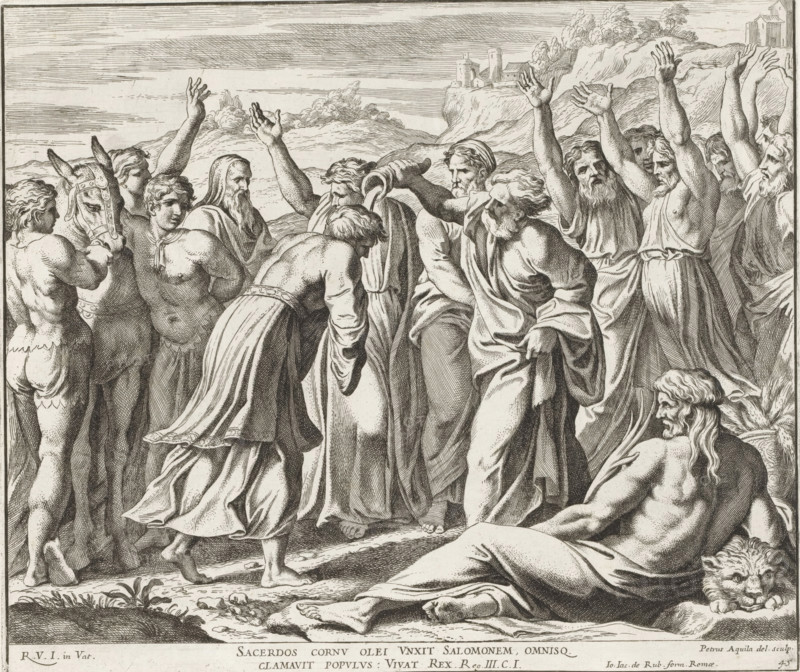 Solomon anointed king by Sadoc, Raphael Bible, Paintings in the Loggia by Raphael, Imagines Veteris ac Novi Testamenti, print, album page, Series number, 45, 52, Solomon is being anointed by the high priest Sadoc. Surrounding him is a group of men with beards. In the foreground on the right is a reclining figure (possibly a river god). Bible verse below the image. Print is part of an album., number: '166', printmaker: Pietro Aquila, Italy, after painting by Raphael, Vatican City, publisher: Giovanni Giacomo de' Rossi, Rome, grantor of privilege: Papal Court, 1675, Pietro Aquila, Raphael, Giovanni Giacomo de' Rossi, Papal Court, grantor of privilege, paper, etching, height 235 mm x width 279 mm, Print is part of a series of 55 prints, consisting of three unnumbered prints and a set of 52 numbered prints after the paintings in the Loggia by Raphael., story of Solomon, A densely packed group of people arranged across a shallow landscape, many of them draped in flowing robes and tunics, so...