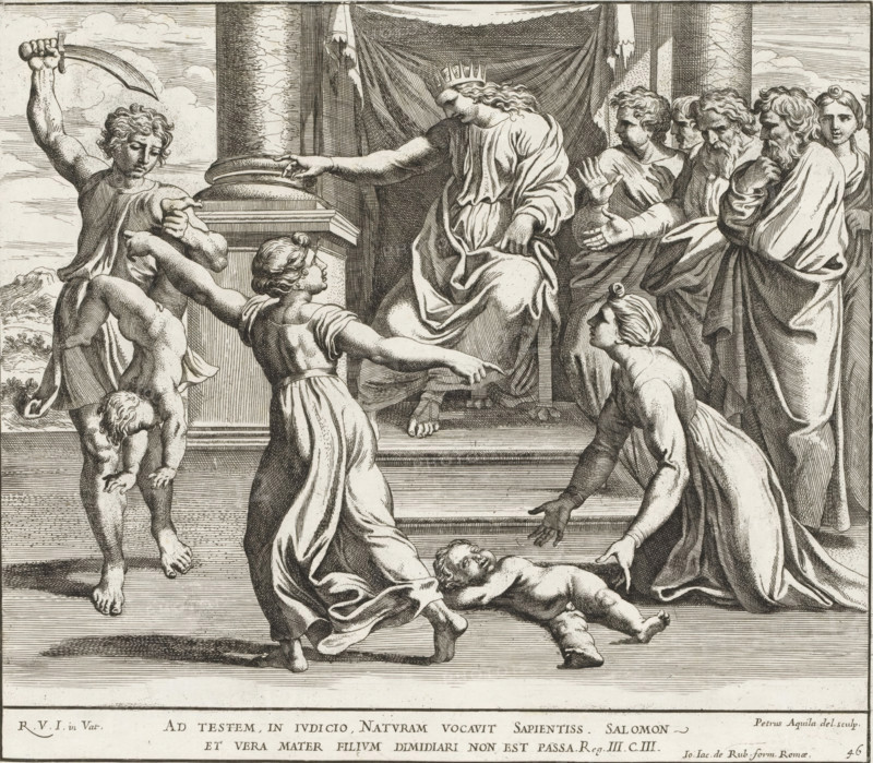 Judgment of Solomon, Paintings in the Loggia by Raphael, Imagines Veteris ac Novi Testamenti, Raphael Bible, print, album page, Series number, 46, 52, King Solomon sits on his throne and passes judgment on a dispute between two prostitutes who had both given birth to a child. The child that dies lies on the ground before Solomon; the child that is still alive and claimed by both mothers is held by a man with a sword. Solomon orders this man to divide the child in two, but this goes too far for the real mother; she begs him to let her child live. Bible verse below the image. Print is part of an album., number: '167', printmaker: Pietro Aquila, Italy, after painting by Raphael, Vatican City, publisher: Giovanni Giacomo de' Rossi, Rome, grantor of privilege: Papal Court, 1675, Pietro Aquila, Raphael, Giovanni Giacomo de' Rossi, Papal Court, grantor of privilege, paper, etching, height 239 mm x width 271 mm, Print is part of a series of 55 prints, consisting of three unnumbered prints and ...