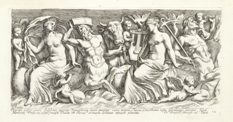 Relief with sea creatures and sea gods, Roman sculpted reliefs, Icones et segment, print, album page, Series number, 13, 50, Text in Latin in lower margin. Print is part of an album., number: '40', inscription: 'Ende lib. No. 5. fol. 141.', printmaker: François Perrier, Paris, writer (clerical worker): Giovanni Pietro Bellori, publisher: widow of François Perrier, grantor of privilege: Innocent X, Vatican City, 1645, writer (clerical worker), paper, etching, height 160 mm x width 317 mm, This print is part of a series of 54 prints (title print) after antique reliefs. The numbering on the prints runs from 1 to 50. Some prints have duplicate numbers. After a relief in the church of San Francesco a Ripa in Rome., piece of sculpture, reproduction of a piece of sculpture, cupids: 'amores', 'amoretti', 'putti', swimming mammals: dolphin, other Nereids (or sea-nymphs), A horizontal black and white engraving showing a group of reclining and seated classical figures and putti across a shallow f...