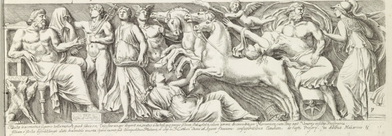 Relief with the Abduction of Proserpina, Roman sculpted reliefs, Icones et segment, print, album page, Series number, 16, 50, Relief with the Abduction of Proserpina by Pluto. Ceres rides in a chariot drawn by large snakes behind Pluto's chariot. A river god sits on the right. Text in Latin in the lower margin. Print is part of an album., inscription: 'Ende lib. No. 5. fol. 78 and 79.', number: '43', printmaker: François Perrier, Paris, writer (clerical worker): Giovanni Pietro Bellori, publisher: widow of François Perrier, grantor of privilege: Innocent X, Vatican City, 1645, François Perrier, Giovanni Pietro Bellori, widow of François Perrier, Innocent X, printmaker, writer (clerical worker), publisher, grantor of privilege, paper, etching, height 162 mm x width 430 mm, This print is part of a series of 54 prints (title print) after ancient reliefs. The numbering on the prints runs from 1 to 50. Some prints have double numbers., piece of sculpture, reproduction of a piece of sculptur...