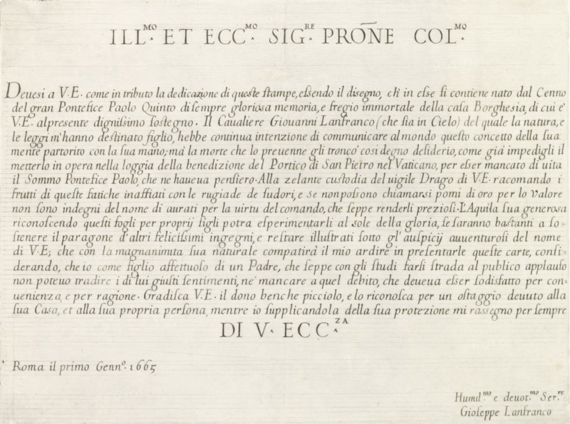 Five putti bearing the papal coat of arms, History of Peter and Paul, Paintings by Giovanni Lanfranco intended for the Loggia del Benedizione in the Vatican, Disegno della loggia di San Pietro in Vaticano dove si da la Benedizione, print, album page, Series number, 3, 21, Five putti bearing the papal coat of arms. Below: two portraits of popes, numbered 2 and 8. Print is part of an album., number: '80', printmaker: Pietro Sante Bartoli, Italy, after design by Giovanni Lanfranco, dedicated to: Giovanni Battista Borghese, 1665, paper, etching, height 196 mm x width 145 mm, A large sheet of aged paper with a centered horizontal band of tightly spaced cursive lines across the upper half and blank margins above and below, the upper margin showing a short row of evenly spaced large serifed characters, faint horizontal guide lines visible across the page, and the cursive lines sloping slightly with evenly spaced, flowing strokes and delicate ink shading.