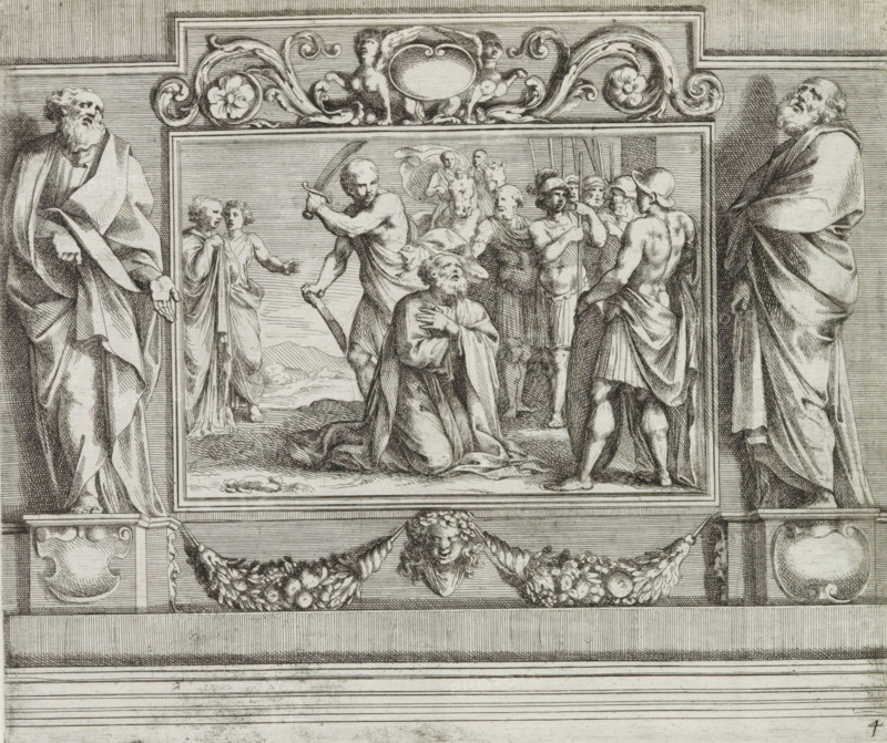 Peter freed from prison by an angel, Paintings by Giovanni Lanfranco intended for the Loggia del Benedizione in the Vatican, History of Peter and Paul, Disegno della loggia di San Pietro in Vaticano dove si da la Benedizione, print, album page, Series number, 5, 21, A painting depicting the appearance of the angel to Peter in prison. The angel tells Peter to stand up. The two soldiers next to Peter are sleeping. The scene is flanked by statues of Peter and Paul. Print is part of an album., number: '82', printmaker: Pietro Sante Bartoli, Italy, after design by Giovanni Lanfranco, dedicated to: Giovanni Battista Borghese, 1665, paper, etching, height 228 mm x width 267 mm, A detailed black and white engraving shows a framed central panel with a scene of robed and partially nude figures, including a kneeling figure in the foreground with a hand to the chest, a muscular figure holding a curved sword above another prostrate figure, and a group of armed figures with helmets and spears behind...