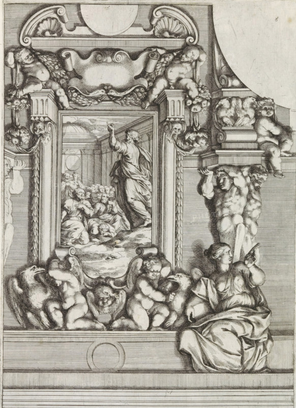 Conversion of Paul, Paintings by Giovanni Lanfranco intended for the Loggia del Benedizione in the Vatican, History of Peter and Paul, Disegno della loggia di San Pietro in Vaticano dove si da la Benedizione, print, album page, Series number, 9, 21, A painting depicting the conversion of Paul, in an ornamental frame with putti and eagles. Paul lies on the ground. He fell because he was startled by the appearance of Christ in the sky. Print is part of an album., number: '86', printmaker: Pietro Sante Bartoli, Italy, after design by Giovanni Lanfranco, dedicated to: Giovanni Battista Borghese, 1665, paper, etching, height 330 mm x width 233 mm, An ornate black and white engraving showing a central framed scene of a robed figure raising an arm before a crowd inside an architectural interior, surrounded by decorative architectural elements including columns, scrolls, garlands, and shell motifs; cherubic putti appear throughout, reclining and clustered at the base and corners, some holding ...