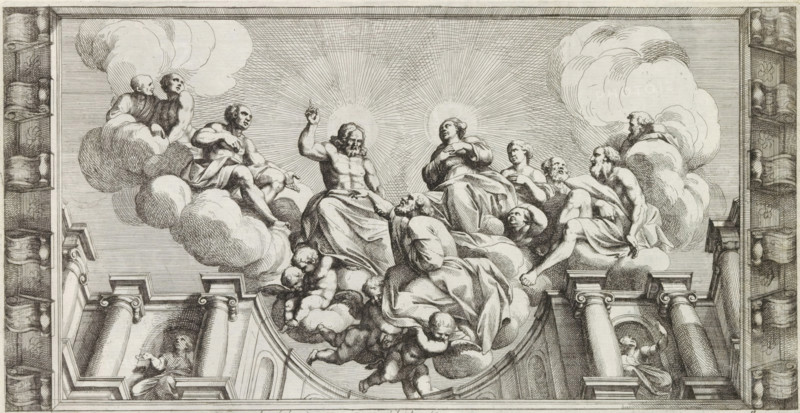 God speaks to Paul, Paintings by Giovanni Lanfranco intended for the Loggia del Benedizione in the Vatican, History of Peter and Paul, Disegno della loggia di San Pietro in Vaticano dove si da la Benedizione, print, album page, Series number, 12, 21, A tondo with a painting of God speaking to Paul in the night. Around the tondo images of nude figures and personifications. Print is part of an album., number: '89., 8', printmaker: Pietro Sante Bartoli, Italy, after design by Giovanni Lanfranco, dedicated to: Giovanni Battista Borghese, 1665, paper, etching, height 276 mm x width 281 mm, A framed black and white engraving showing a group of figures seated and reclining on large billowing clouds above an architectural cornice, with decorative columns and niches below. Central figures sit on clouds with flowing garments and radiating halos, one raising a hand and another with a hand on the chest. Surrounding them are additional seated and reclining figures in varied poses, some turned towar...