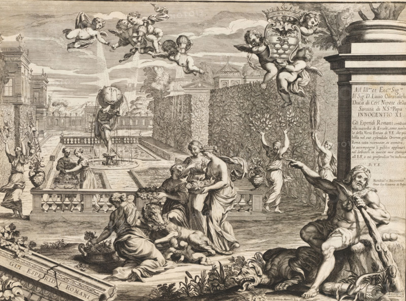 Garden of the Hesperides, Gli Esperidi Roma, Gardens in Rome, Li giardini di Roma con le loro piante alzate e vedute in prospettiva disegnate e intagliate da Gio. Battista Falda, print, album page, View in the Garden of the Hesperides with four Hesperides in the foreground decorating the Capitoline Lupa, who is nursing the twins Romulus and Remus, with flowers. In the background, a fountain with a sculpture of Atlas carrying the celestial globe on his back. In the foreground on the right, Hercules sits before a pillar with a dedication to Livio Odescalchi. In the upper right, two putti carrying a crowned coat of arms. Print is part of an album., printmaker: Arnold van Westerhout, Italy, after design by Giovanni Battista Manelli, publisher: Giovanni Giacomo de' Rossi, Rome, grantor of privilege: Innocent XI, Vatican City, dedicated by: Giovanni Giacomo de' Rossi, dedicated to: Livio Odescalchi, in or before 1683, Giovanni Giacomo de' Rossi, Innocent XI, Livio Odescalchi, printmaker, aft...