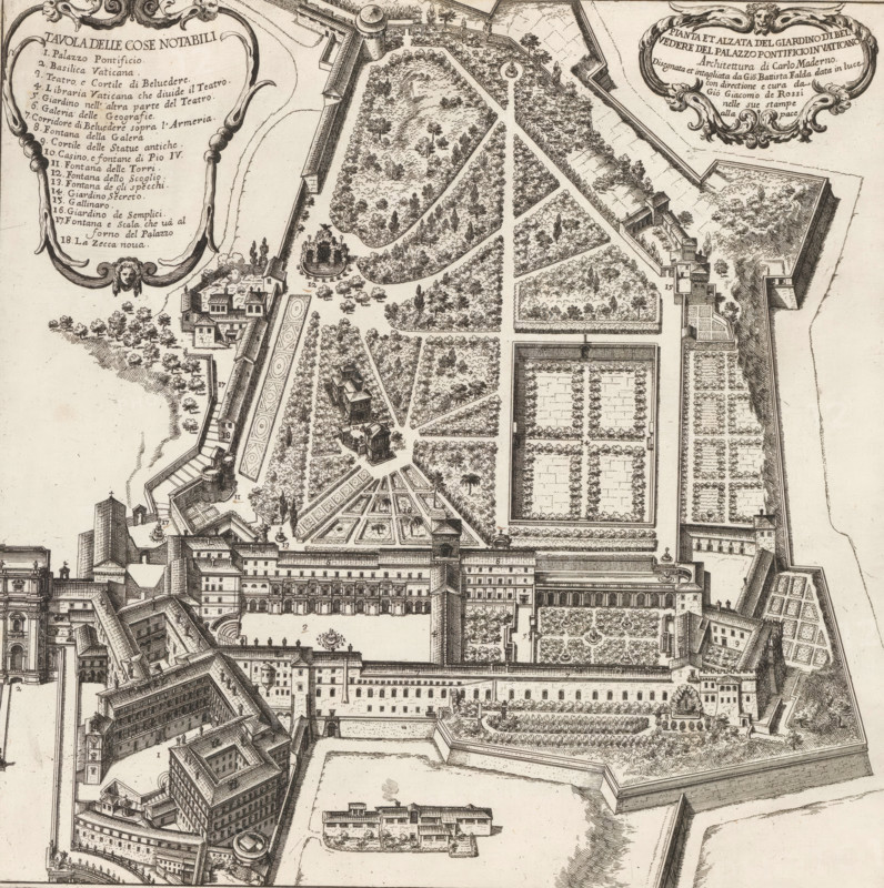 Pianta et alzata del giardino di Belvedere del Palazzo Pontificioin Vaticano, Map of the Vatican Belvedere gardens, Li giardini di Roma con le loro piante alzate e vedute in prospettiva disegnate e intagliate da Gio. Battista Falda, Gardens in Rome, print, album page, Map of the Vatican Belvedere gardens. Top left a cartouche with an explanatory list of numbers. Top right a cartouche with title and text. Print is part of an album., number: '105', inscription: 'Ende lib. No. 21. fol. 18. 19...', printmaker: Giovanni Battista Falda, Italy, after design by Carlo Maderno, Vatican City, publisher: Giovanni Giacomo de' Rossi, Rome, grantor of privilege: Innocent XI, dedicated by: Giovanni Giacomo de' Rossi, dedicated to: Livio Odescalchi, in or before 1683, Giovanni Giacomo de' Rossi, Innocent XI, Livio Odescalchi, printmaker, after drawing by, after design by, publisher, grantor of privilege, paper, etching, height 302 mm x width 306 mm, Print is part of a series of 20 prints (title print) ...