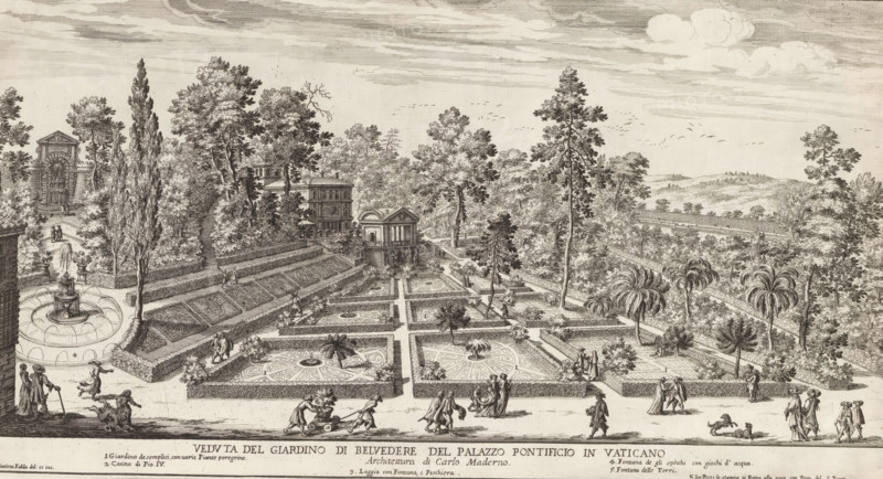View of the Belvedere Gardens of the Vatican, View of the Belvedere Gardens, Gardens in Rome, The gardens of Rome with their leaves and plants disegnate and intagliate in prospettiva. Battista Falda, print, album page, View of the Belvedere Gardens. People working and strolling in the garden. A fountain on the left. In the lower margin the title and an explanatory list of numbers. Print is part of an album., number: '106', inscription: 'Ende lib. No. 10. fol. 45.', printmaker: Giovanni Battista Falda, Italy, after design by Carlo Maderno, Vatican City, publisher: Giovanni Giacomo de' Rossi, Rome, grantor of privilege: Innocent XI, dedicated by: Giovanni Giacomo de' Rossi, dedicated to: Livio Odescalchi, in or before 1683, Giovanni Giacomo de' Rossi, Innocent XI, Livio Odescalchi, printmaker, after drawing by, after design by, publisher, grantor of privilege, paper, etching, height 231 mm x width 430 mm, Print is part of a series of 20 prints (title print) with views of gardens in Rome....