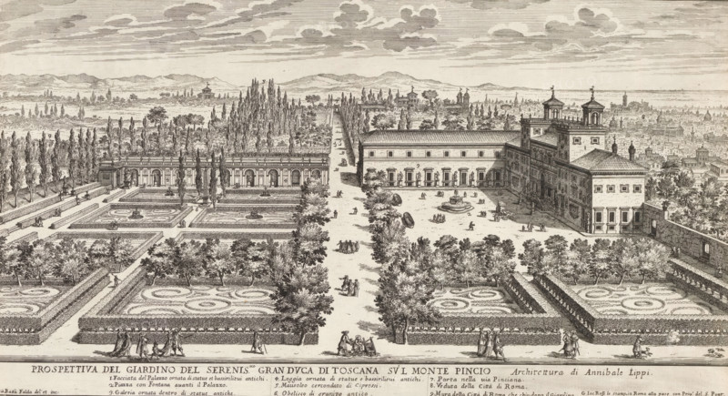 View of the Villa Medici and garden in Rome, Prospettiva del giardino del serenic.mo gran duca di Toscana sul Monte Pincio, Gardens in Rome, Li giardini di Roma con le loro piante alzate e vedute in prospettiva disegnate e intagliate da Gio. Battista Falda, print, album page, View of the Villa Medici and garden in Rome. People strolling in the garden. In the lower margin the title and an explanatory list of numbers. Print is part of an album., number: '108', inscription: 'Ende lib. No. 10. folio 1.', printmaker: Giovanni Battista Falda, Italy, after design by Annibale Lippi, Rome, publisher: Giovanni Giacomo de' Rossi, grantor of privilege: Innocent or before 1683, Giovanni Battista Falda, Annibale Lippi, Giovanni Giacomo de' Rossi, Innocent title picture) with views of gardens in Rome., garden, hôtel, ie small palace in city, plan, map of garden, Pincio, Villa Medici (Rome), A detailed engraved view shows a formal garden with geometric parterres, clipped hedges, circular ornament beds...