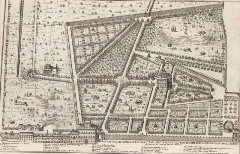 Pianta et alzata del giardino e vigna di Papa Sisto V hoggi dell'emm.mo principe il sig. cardinale Paolo Savelli Peretti, Plan of the garden and vineyard of Pope Sixtus V and the garden of Cardinal Paolo Savelli, Gardens in Rome, Li giardini di Roma con le loro piante alzate e vedute in prospettiva disegnate e intagliate da Gio. Battista Falda, print, album page, Plan of the garden and vineyard of Pope Sixtus V and the garden of Cardinal Paolo Savelli. In the lower margin the title and an explanatory list of numbers. Print is part of an album., number: '111', inscription: 'Ende lib. No. 21. fol. 507. Ende lib. No. 18 folio 26 et 27...', printmaker: Giovanni Battista Falda, Italy, after drawing by Giovanni Battista Falda, after design by Domenico Fontana, publisher: Giovanni Giacomo de' Rossi, Rome, grantor of privilege: Innocent XI, Vatican City, dedicated by: Giovanni Giacomo de' Rossi, dedicated to: Livio Odescalchi, in or before 1683, Giovanni Battista Falda, Domenico Fontana, Giova...