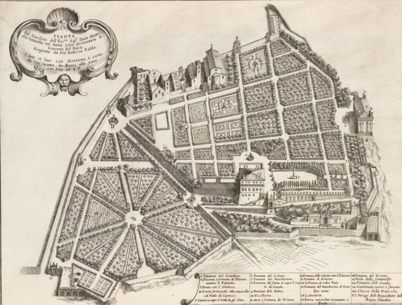 Plan of the garden of Duke Girolamo Mattei, Pianta del giardino dell' ecc.mo sig. duca Mattei alla navicella nel Monte Celio, Gardens in Rome, Li giardini di Roma con le loro piante alzate e vedute in prospettiva disegnate e intagliate da Gio. Battista Falda, print, album page, Plan of the garden of Duke Girolamo Mattei in Rome. Top left a cartouche with title. Bottom right a text box with explanatory list of numbers. Print is part of an album., number: '117', inscription: 'Ende lib. No. 1. folio 45., Ende lib. No. 23. fol. 450...', printmaker: Giovanni Battista Falda, Italy, after drawing by Giovanni Battista Falda, after design by Giacomo del Duca, publisher: Giovanni Giacomo de' Rossi, Rome, grantor of privilege: Innocent 1683, Giovanni Battista Falda, Giacomo del Duca, Giovanni Giacomo de' Rossi, Innocent title print) with views of gardens in Rome., Person, Girolamo Mattei, garden, plan, map of garden, A detailed bird’s-eye engraving of a formal garden with radiating and rectangula...