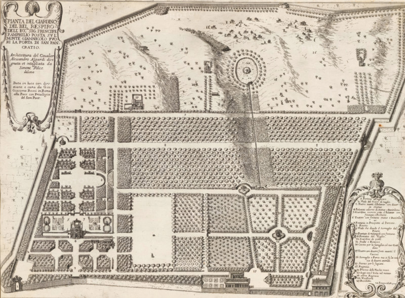 Plan of the garden at the Villa Doria Pamphilj in Rome, Pianta del giardino del Bel Respir, Gardens in Rome, Li giardini di Roma con le loro piante alzate e vedute in prospettiva disegnate e intagliate da Gio. Battista Falda, print, album page, Plan of the garden at the Villa Doria Pamphilj in Rome. Top left a cartouche with title. Bottom right a cartouche with an explanatory list of numbers. Print is part of an album., number: '119', printmaker: Giovanni Battista Falda, Italy, after design by Alessandro Algardi, publisher: Giovanni Giacomo de' Rossi, Rome, grantor of privilege: Innocent XI, Vatican City, dedicated by: Giovanni Giacomo de' Rossi, dedicated to: Livio Odescalchi, in or before 1683, Giovanni Giacomo de' Rossi, Innocent XI, Livio Odescalchi, printmaker, after drawing by, after design by, publisher, grantor of privilege, paper, etching, height 317 mm x width 433 mm, Print is part of a series of 20 prints (title print) with views of gardens in Rome., garden, hotel, ie small ...
