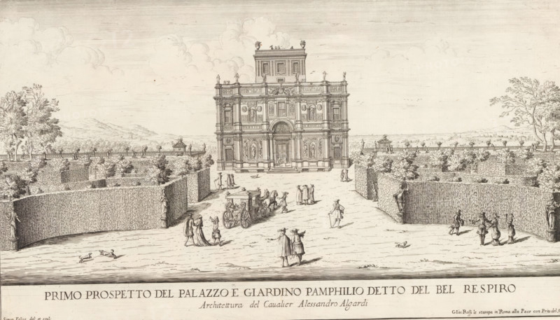 View of the Villa Doria Pamphilj and gardens in Rome, Primo prospetto del Palazzo e Giardino Pamphilio detto del Bel Respiro, Gardens in Rome, Li giardini di Roma con le loro piante alzate e vedute in prospettiva disegnate e intagliate da Gio. Battista Falda, print, album page, View of the Villa Doria Pamphilj and gardens in Rome. The title in the bottom margin. Print is part of an album., number: '120', printmaker: Giovanni Battista Falda, Italy, after design by Alessandro Algardi, publisher: Giovanni Giacomo de' Rossi, Rome, grantor of privilege: Innocent XI, Vatican City, dedicated by: Giovanni Giacomo de' Rossi, dedicated to: Livio Odescalchi, in or before 1683, Giovanni Giacomo de' Rossi, Innocent XI, Livio Odescalchi, printmaker, after drawing by, after design by, publisher, grantor of privilege, paper, etching, height 237 mm x width 411 mm, Print is part of a series of 20 prints (title print) with views of gardens in Rome., garden, hotel, ie small palace in city, plan, map of ga...