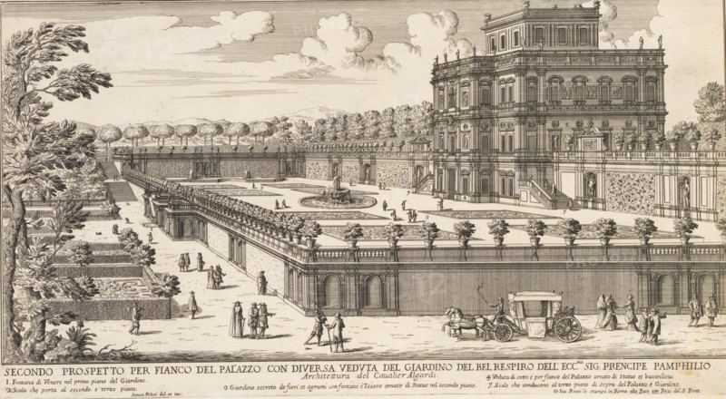 Secondo prospetto per fianco del Palazzo con diversa veduta del Giardino del Bel Respiro dell'ecc.mo sig. prencipe Pamphilio, View of the Villa Doria Pamphilj and gardens in Rome, Gardens in Rome, Li giardini di Roma con le ro piante alzate e vedute in prospettiva disegnate e intagliate da Gio. Battista Falda, print, album page, View of the Villa Doria Pamphilj and gardens in Rome. In the bottom margin the title and an explanatory list of numbers. Print is part of an album., number: '120', printmaker: Giovanni Battista Falda, Italy, after drawing by Giovanni Battista Falda, after design by Alessandro Algardi, publisher: Giovanni Giacomo de' Rossi, Rome, grantor of privilege: Innocent XI, Vatican City, dedicated by: Giovanni Giacomo de' Rossi, dedicated to: Livio Odescalchi, in or before 1683, Giovanni Battista Falda, Alessandro Algardi, Giovanni Giacomo de' Rossi, Livio Odescalchi, printmaker, after drawing by, after design by, publisher, paper, etching, height 236 mm x width 430 mm, P...