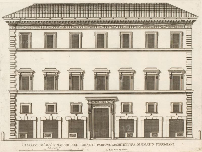 Façade of Palazzo Fonseca, Palazzo de' sig.ri Fonsechi nel' Rione di Parion, Palazzi di Roma dei più celebri architett, Palazzi di Roma, Roman palaces, print, album page, Print is part of an album., number: '100', inscription: '...', printmaker: Giovanni Battista Falda, Italy, after design by Orazio Torriani, Rome, publisher: Giovanni Giacomo de' Rossi, grantor of privilege: Papal Court, Vatican City, dedicated by: Giovanni Giacomo de' Rossi, dedicated to: Antonio Barberini (I), in or after 1655, Giovanni Giacomo de' Rossi, Papal court, Antonio Barberini (I), printmaker, after drawing by, after design by, publisher, grantor of privilege, paper, etching, height 267 mm x width 357 mm, This print is part of the series titled: Palazzi di Roma. This series consists of two books. Book one, titled: Palazzi di Roma dei più celebri architetti..., consists of 44 prints attributed to Giovanni Battista Falda (name appears only on print 27) and published by Giovanni Giacomo de'Rossi. These 44 print...