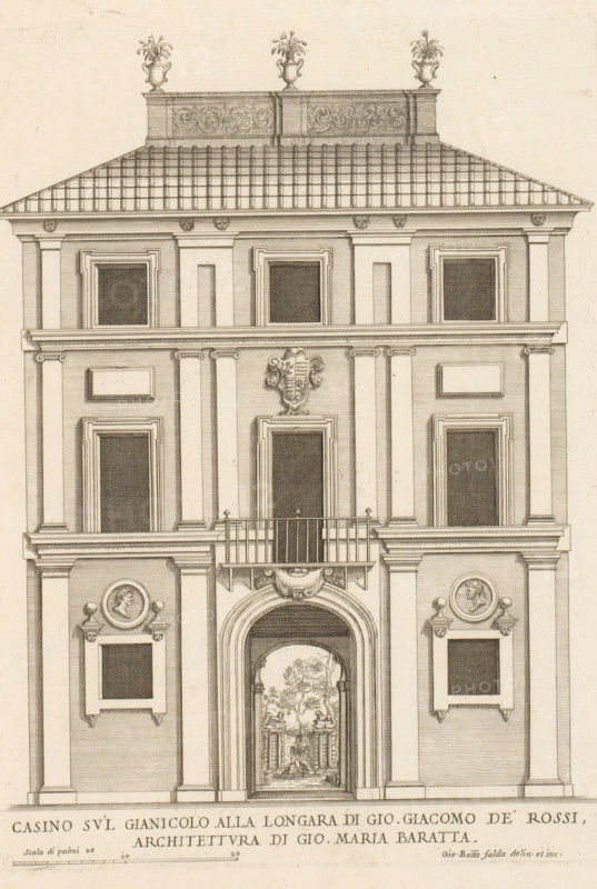 Casino su'l Gianicolo alla Longara di Gio. Giacomo de' Ross, Façade of the casino at Gianicolo alla Lungara, Palazzi di Roma dei più celebri architett, Roman palaces, Palazzi di Roma, print, album page, Print is part of an album., number: '102', printmaker: Giovanni Battista Falda, Italy, after design by Giovanni Maria Baratta, Rome, publisher: Giovanni Giacomo de' Rossi, grantor of privilege: Papal Court, Vatican City, dedicated by: Giovanni Giacomo de' Rossi, dedicated to: Antonio Barberini (I), in or after 1655, Giovanni Giacomo de' Rossi, Papal Court, Antonio Barberini (I), printmaker, after drawing by, after design by, publisher, provider of privilege, paper, etching, height 337 mm x width 244 mm, This print is part of the series titled: Palazzi di Roma. This series consists of two books. Book one, titled: Palazzi di Roma dei più celebri architetti..., consists of 44 prints attributed to Giovanni Battista Falda (name appears only on print 27) and published by Giovanni Giacomo de'R...