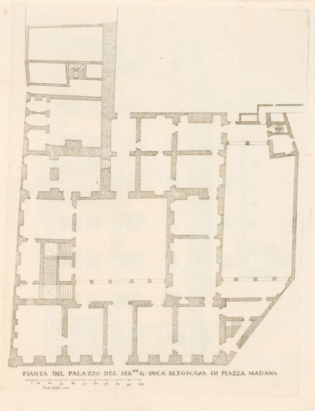 Pianta del palazzo del ser.mo g duca di Toscana in Piazza Madama, Map of Palazzo Madama, Roman palaces, Palazzi di Roma dei più celebri architett, Palazzi di Roma, print, album page, Print is part of an album., number: '12', printmaker: Giovanni Battista Falda, Italy, after drawing by Pietro Ferrerio, publisher: Giovanni Giacomo de' Rossi, Rome, dedicated by: Giovanni Giacomo de' Rossi, dedicated to: Antonio Barberini (I), in or after 1655, Giovanni Giacomo de' Rossi, Antonio Barberini (I), printmaker, after drawing by, publisher, paper, etching, height 334 mm x width 265 mm, This print makes part of the series titled: Palazzi di Roma. This series consists of two books. Book one, titled: Palazzi di Roma dei più celebri architetti..., consists of 44 prints attributed to Giovanni Battista Falda (name appears only on print 27) and published by Giovanni Giacomo de'Rossi. These 44 prints are known in two states (with and without number). Book two, titled: Nuovi disegni dell'architetture... ...