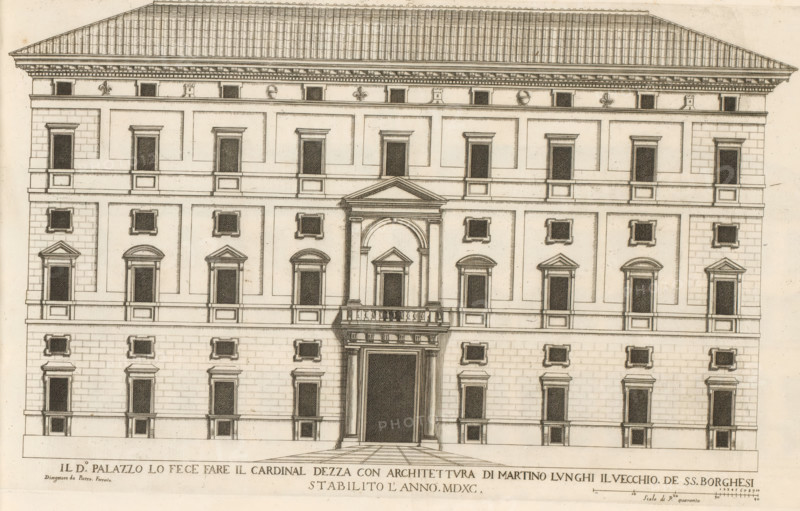 Il do palazzo la fece fare il cardinal Dezz, Façade of Palazzo Borghese, Roman palaces, Palazzi di Roma, Palazzi di Roma dei più celebri architett, print, album page, Print is part of an album., inscription: 'Ende lib. No. 8 fol. 139., End lib. No. 23. fol. 460., End lib. No. 21. fol. 353. 354.', number: '16', printmaker: Giovanni Battista Falda, Italy, after drawing by Pietro Ferrerio, after design by Martino Longhi (I), Rome, publisher: Giovanni Giacomo de' Rossi, dedicated by: Giovanni Giacomo de' Rossi, dedicated to: Antonio Barberini (I), in or after 1655, Giovanni Giacomo de' Rossi, Antonio Barberini (I), printmaker, after drawing by, after design by, publisher, paper, etching, height 240 mm x width 415 mm, This print is part of the series entitled: Palazzi di Roma. This series consists of two books. Book one, titled: Palazzi di Roma dei più celebri architetti..., consists of 44 prints attributed to Giovanni Battista Falda (name appears only on print 27) and published by Giovanni...