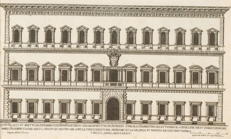 Façade of Palazzo Farnese, Palazzi di Roma, Roman palaces, Palazzi di Roma dei più celebri architett, print, album page, Print is part of an album., print maker: Giovanni Battista Falda, Italy, after drawing by Pietro Ferrerio, after design by Michelangelo, Rome, after design by Antonio da Sangallo (II), publisher: Giovanni Giacomo de' Rossi, dedicated by: Giovanni Giacomo de' Rossi, dedicated to: Antonio Barberini (I), in or after 1655, Giovanni Giacomo de' Rossi, Antonio Barberini (I), printmaker, after drawing by, after design by, publisher, paper, etching, height 238 mm x width 388 mm, This print is part of the series titled: Palazzi di Roma. This series consists of two books. Book one, titled: Palazzi di Roma dei più celebri architetti..., consists of 44 prints attributed to Giovanni Battista Falda (name appears only on print 27) and published by Giovanni Giacomo de'Rossi. These 44 prints are known in two states (with and without number). Book two, titled: Nuovi disegni dell'archi...