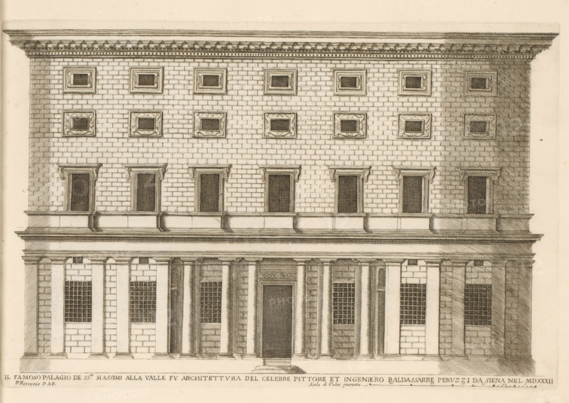 Façade of Palazzo Massimo alle Colonne, Il famoso palagio de SS.mi Massimi alla Valle fu architettura del celebre pittore et ingeniero Baldassare Peruzzi da Siena nel MDXXXII, Palazzi di Roma, Roman palaces, Palazzi di Roma dei più celebri architett, print, album page, Print is part of an album., inscription: 'Ende lib. No. 9. fol. 35, End lib. No. 23. fol. 218...', number: '21', printmaker: Giovanni Battista Falda, Italy, after drawing by Pietro Ferrerio, after design by Baldassare Peruzzi, Rome, publisher: Giovanni Giacomo de' Rossi, dedicated by: Giovanni Giacomo de' Rossi, dedicated to: Antonio Barberini (I), in or after 1655, Giovanni Giacomo de' Rossi, Antonio Barberini (I), printmaker, after drawing by, after design by, publisher, paper, etching, height 252 mm x width 385 mm, This print is part of the series entitled: Palazzi di Roma. This series consists of two books. Book one, titled: Palazzi di Roma dei più celebri architetti..., consists of 44 prints attributed to Giovanni B...