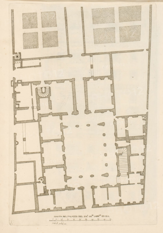 Map of Palazzo Spada, Pianta del palazzo del em.o sig.re card.le Spada, Palazzi di Roma dei più celebri architett, Palazzi di Roma, Roman palaces, print, album page, Print is part of an album., number: '29', printmaker: Giovanni Battista Falda, Italy, after drawing by Pietro Ferrerio, publisher: Giovanni Giacomo de' Rossi, Rome, dedicated by: Giovanni Giacomo de' Rossi, dedicated to: Antonio Barberini (I), in or after 1655, Giovanni Giacomo de' Rossi, Antonio Barberini (I), printmaker, after drawing by, publisher, paper, etching, height 399 mm x width 265 mm, This print is part of the series titled: Palazzi di Roma. This series consists of two books. Book one, titled: Palazzi di Roma dei più celebri architetti..., consists of 44 prints attributed to Giovanni Battista Falda (name appears only on print 27) and published by Giovanni Giacomo de'Rossi. These 44 prints are known in two states (with and without number). Book two, titled: Nuovi disegni dell'architetture... libro secondo, conta...