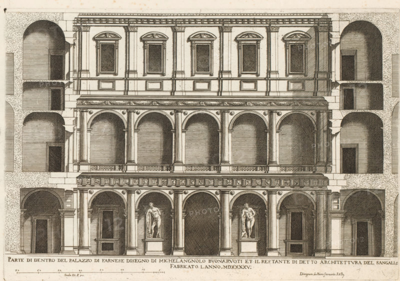 Façade of the courtyard of Palazzo Farnese, Parte di dentro del Palazzo di Farnese disegno di Michelangel, Roman palaces, Palazzi di Roma, Palazzi di Roma dei più celebri architett, print, album page, Print is part of an album., number: '3', inscription: 'Ende lib. No. 22 and fol. 70 ... fol. 106...', printmaker: Giovanni Battista Falda, Italy, after drawing by Pietro Ferrerio, after design by Michelangelo, Rome, after design by Antonio da Sangallo (II), publisher: Giovanni Giacomo de' Rossi, dedicated by: Giovanni Giacomo de' Rossi, dedicated to: Antonio Barberini (I), in or after 1655, Giovanni Giacomo de' Rossi, Antonio Barberini (I), printmaker, after drawing by, after design by, publisher, paper, etching, height 238 mm x width 346 mm, This print is part of the series entitled: Palazzi di Roma. This series consists of two books. Book one, titled: Palazzi di Roma dei più celebri architetti..., consists of 44 prints attributed to Giovanni Battista Falda (name appears only on print 27...