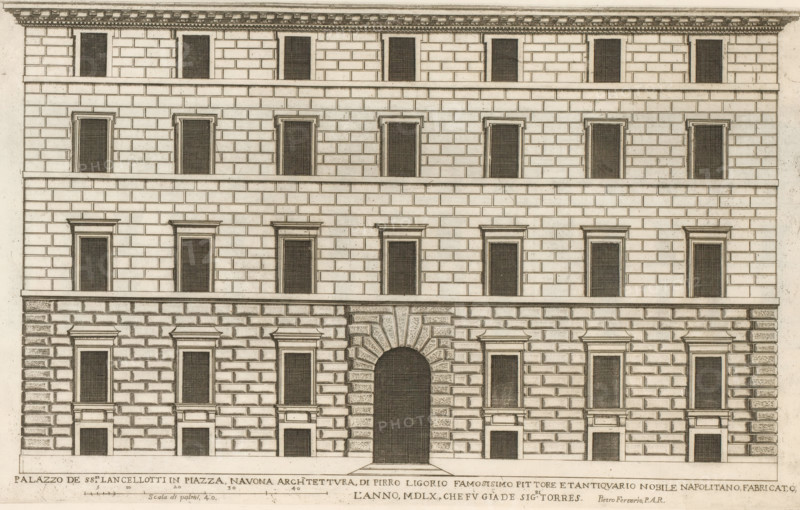 Palazzo de SS.ri Lancelotti in Piazza Navona archtettura di Pirro Ligori, Façade of Palazzo De Torres-Lancellotti, Palazzi di Roma, Palazzi di Roma dei più celebri architett, Roman palaces, print, album page, Print is part of an album., inscription: 'Ende lib. No. 1. fol. 566....lib. No. 8. 52. 110. 111. 112...', number: '37', printmaker: Giovanni Battista Falda, Italy, after drawing by Pietro Ferrerio, after design by Pirro Ligorio, Rome, publisher: Giovanni Giacomo de' Rossi, dedicated by: Giovanni Giacomo de' Rossi, dedicated to: Antonio Barberini (I), in or after 1655, Giovanni Giacomo de' Rossi, Antonio Barberini (I), printmaker, after drawing by, after design by, publisher, paper, etching, height 230 mm x width 374 mm, This print is part of the series entitled: Palazzi di Roma. This series consists of two books. Book one, titled: Palazzi di Roma dei più celebri architetti..., consists of 44 prints attributed to Giovanni Battista Falda (name appears only on print 27) and published...