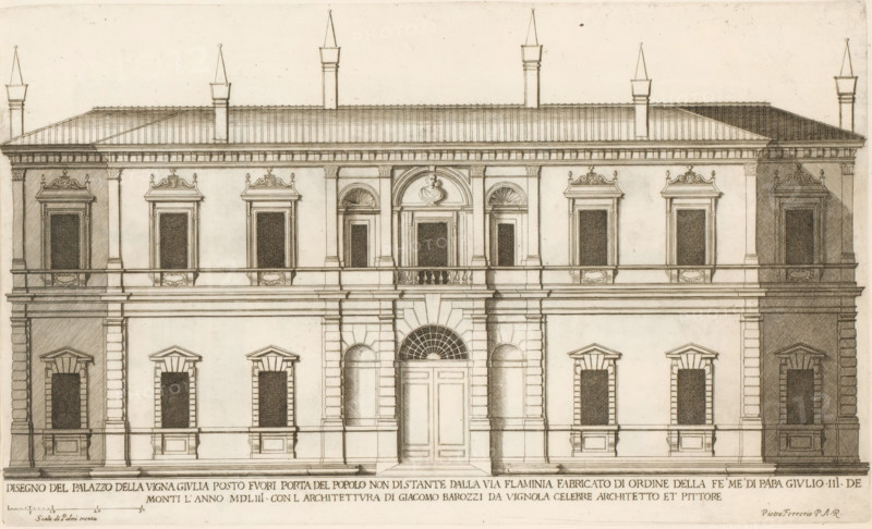 Façade of Villa Giulia, Disegno del palazzo vigna Giulia posto fuori Porta del Popolo non di stante dalla Via Flamini, Palazzi di Roma, Roman palaces, Palazzi di Roma dei più celebri architett, print, album page, Print is part of an album., number: '40', inscription: 'Ende lib. No. 8 fol. 136.', printmaker: Giovanni Battista Falda, Italy, after drawing by Pietro Ferrerio, after design by Giacomo Barozzi Vignola, Rome, publisher: Giovanni Giacomo de' Rossi, dedicated by: Giovanni Giacomo de' Rossi, dedicated to: Antonio Barberini (I), in or after 1655, Giovanni Giacomo de' Rossi, Antonio Barberini (I), printmaker, after drawing by, after design by, publisher, paper, etching, height 251 mm x width 420 mm, This print is part of the series entitled: Palazzi di Roma. This series consists of two books. Book one, titled: Palazzi di Roma dei più celebri architetti..., consists of 44 prints attributed to Giovanni Battista Falda (name appears only on print 27) and published by Giovanni Giacomo d...