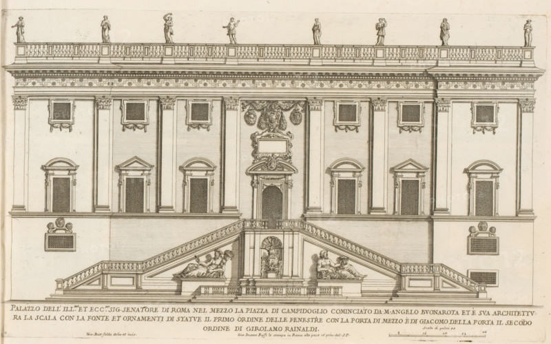 Façade of Palazzo Senatorio, Palazzo dell' ill.mo et ecc.mo sig. senatore di Rome nel mezzo la Piazza di Campidogli, Palazzi di Roma, Roman palaces, Palazzi di Roma dei più celebri architett, print, album page, Print is part of an album., inscription: 'Ende lib. No. 23. fol. 703. 464. 465. 706., Ende lib. No. 21. fol. 402. 403. 404., Ende lib. No. 1. fol. 71...', number: '49', printmaker: Giovanni Battista Falda, Italy, after drawing by Giovanni Battista Falda, after design by Giacomo della Porta, Rome, after design by Girolamo Rainaldi, publisher: Giovanni Giacomo de' Rossi, grantor of privilege: Papal Court, Vatican City, dedicated by: Giovanni Giacomo de' Rossi, dedicated to: Antonio Barberini (I), in or after 1655, Giovanni Battista Falda, Giacomo della Porta, Girolamo Rainaldi, Giovanni Giacomo de' Rossi, Antonio Barberini (I), printmaker, after drawing by, after design by, publisher, paper, etching, height 250 mm x width 420 mm, This print is part of the series entitled: Palazzi ...