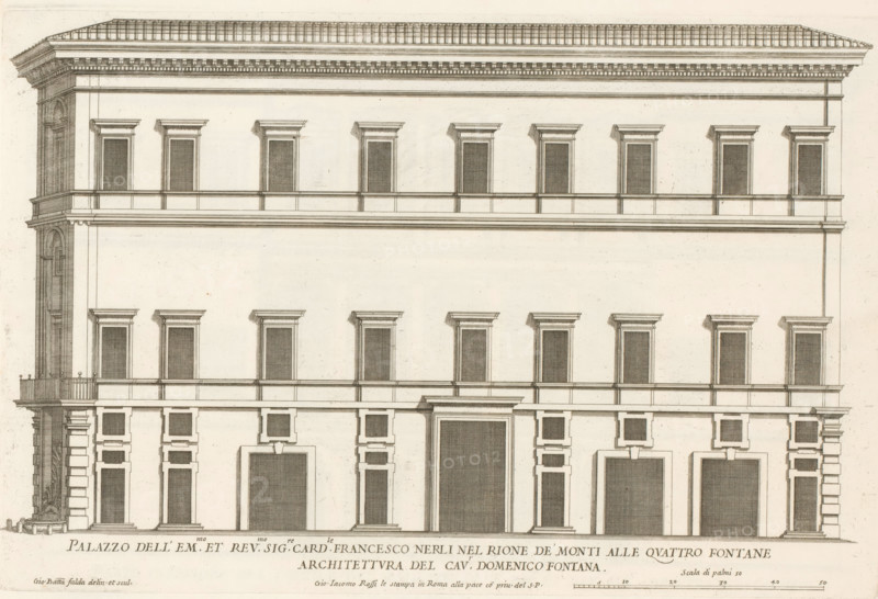 Façade of the palace of Cardinal Francesco Nerli, Palazzo dell' em.mo et rev.mo sig.re card.le Francesco Nerli nel rione de'Monti alle Quattro Fontan, Palazzi di Roma, Palazzi di Roma dei più celebri architett, Roman palaces, print, album page, Print is part of an album., number: '51', inscription: 'Ende lib. No. 1. fol. 3. ...No. 420, 420.', printmaker: Giovanni Battista Falda, Italy, after design by Domenico Fontana, Rome, publisher: Giovanni Giacomo de' Rossi, grantor of privilege: Papal Court, Vatican City, dedicated by: Giovanni Giacomo de' Rossi, dedicated to: Antonio Barberini (I), in or after 1655, Giovanni Giacomo de' Rossi, Papal court, Antonio Barberini (I), printmaker, after drawing by, after design by, publisher, grantor of privilege, paper, etching, height 271 mm x width 414 mm, This print is part of the series entitled: Palazzi di Roma. This series consists of two books. Book one, titled: Palazzi di Roma dei più celebri architetti..., consists of 44 prints attributed to ...