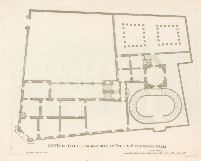 Pianta di tutto il palazzo dell' em.mo sig.re card.le Francesco Nerli, Plan of the palace of Cardinal Francesco Nerli, Roman palaces, Palazzi di Roma, Palazzi di Roma dei più celebri architett, print, album page, Print is part of an album., number: '53', printmaker: Giovanni Battista Falda, Italy, after drawing by Giovanni Battista Falda, after design by Domenico Fontana, Rome, publisher: Giovanni Giacomo de' Rossi, grantor of privilege: Papal Court, Vatican City, dedicated by: Giovanni Giacomo de' Rossi, dedicated to: Antonio Barberini (I), in or after 1655, Giovanni Battista Falda, Domenico Fontana, Giovanni Giacomo de' Rossi, Antonio Barberini (I), printmaker, after drawing by, after design by, publisher, paper, etching, height 301 mm x width 406 mm, This print is part of the series titled: Palazzi di Roma. This series consists of two books. Book one, titled: Palazzi di Roma dei più celebri architetti..., consists of 44 prints attributed to Giovanni Battista Falda (name appears only...