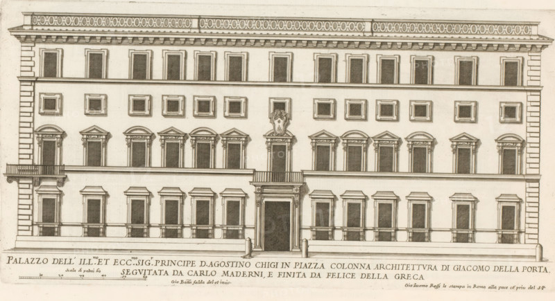 Palazzo dell' ill.mo et ecc.mo sig.r principle D. Agostino Chigi in Piazza Colonn, Façade of the palace of Cardinal Agostino Chigi, Palazzi di Roma dei più celebri architett, Palazzi di Roma, Roman palaces, print, album page, Print makes part of an album., inscription: 'Ende lib. No. 21. fol. 359., End lib. No. 8 fol. 12. 41', number: '55', printmaker: Giovanni Battista Falda, Italy, after drawing by Giovanni Battista Falda, after design by Giacomo della Porta, Rome, after design by Carlo Maderno, after design by Felice della Greca, publisher: Giovanni Giacomo de' Rossi, grantor of privilege: Papal Court, Vatican City, commissioned by: Giovanni Giacomo de' Rossi, dedicated to: Antonio Barberini (I), in or after 1655, Giovanni Battista Falda, Giacomo della Porta, Carlo Maderno, Felice della Greca, Giovanni Giacomo de' Rossi, Antonio Barberini (I), printmaker, after drawing by, after design by, publisher, paper, etching, height 201 mm x width 397 mm, This print is part of the series enti...