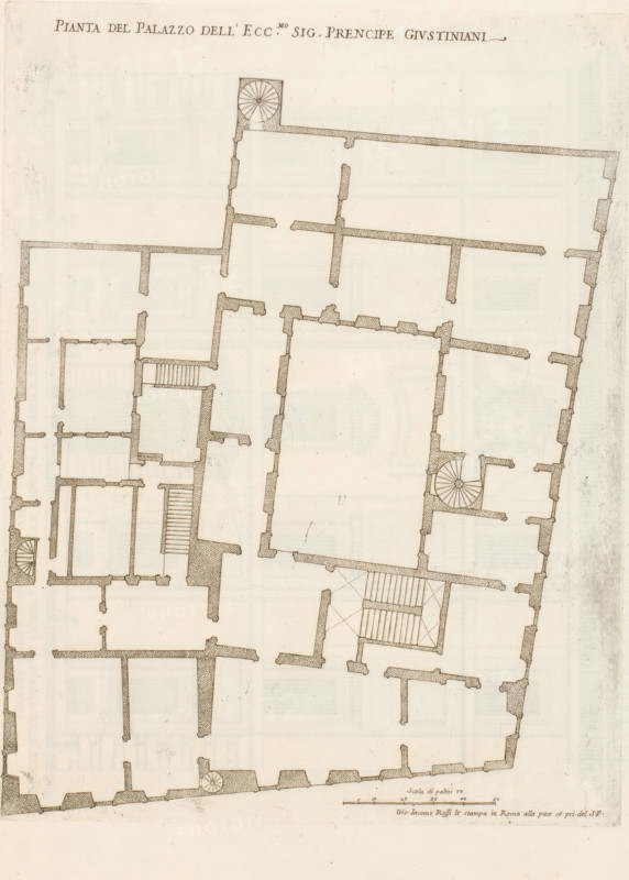 Map of Palazzo Giustiniani, Pianta del Palazzo dell'ecc.mo sig. Prencipe Giustiniani, Palazzi di Roma, Roman palaces, Palazzi di Roma dei più celebri architett, print, album page, Print is part of an album., number: '57', printmaker: Giovanni Battista Falda, Italy, after drawing by Giovanni Battista Falda, after design by Giovanni Fontana, Rome, after design by Francesco Borromini, publisher: Giovanni Giacomo de' Rossi, grantor of privilege: Papal Court, Vatican City, dedicated by: Giovanni Giacomo de' Rossi, dedicated to: Antonio Barberini (I), in or after 1655, Giovanni Battista Falda, Giovanni Fontana, Francesco Borromini, Giovanni Giacomo de' Rossi, Antonio Barberini (I), printmaker, after drawing by, after design by, publisher, provider of privilege, paper, etching, height 364 mm x width 277 mm, This print is part of the series titled: Palazzi di Roma. This series consists of two books. Book one, titled: Palazzi di Roma dei più celebri architetti..., consists of 44 prints attribut...
