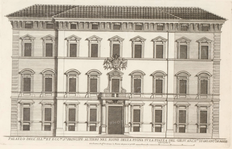 Palazzo dell' ill.mo et ecc.mo sr principle Altier, Façade of Palazzo Altieri, Roman palaces, Palazzi di Roma, Palazzi di Roma dei più celebri architett, print, album page, Print is part of an album., number: '59', inscription: 'Ende lib. No. 23. fol. 169., End elib. No. 21. fol. 395. End lib. No. 8. fol. 64.', printmaker: Giovanni Battista Falda, Italy, after drawing by Giovanni Battista Falda, after design by Giovanni Antonio de' Rossi, Rome, publisher: Giovanni Giacomo de' Rossi, grantor of privilege: Papal Court, Vatican City, dedicated by: Giovanni Giacomo de' Rossi, dedicated to: Antonio Barberini (I), in or after 1655, Giovanni Battista Falda, Giovanni Antonio de' Rossi, Giovanni Giacomo de' Rossi, Papal court, printmaker, after drawing by, after design by, grantor of privilege, paper, etching, height 261 mm x width 410 mm, This print is part of the series entitled: Palazzi di Roma. This series consists of two books. Book one, titled: Palazzi di Roma dei più celebri architetti.....
