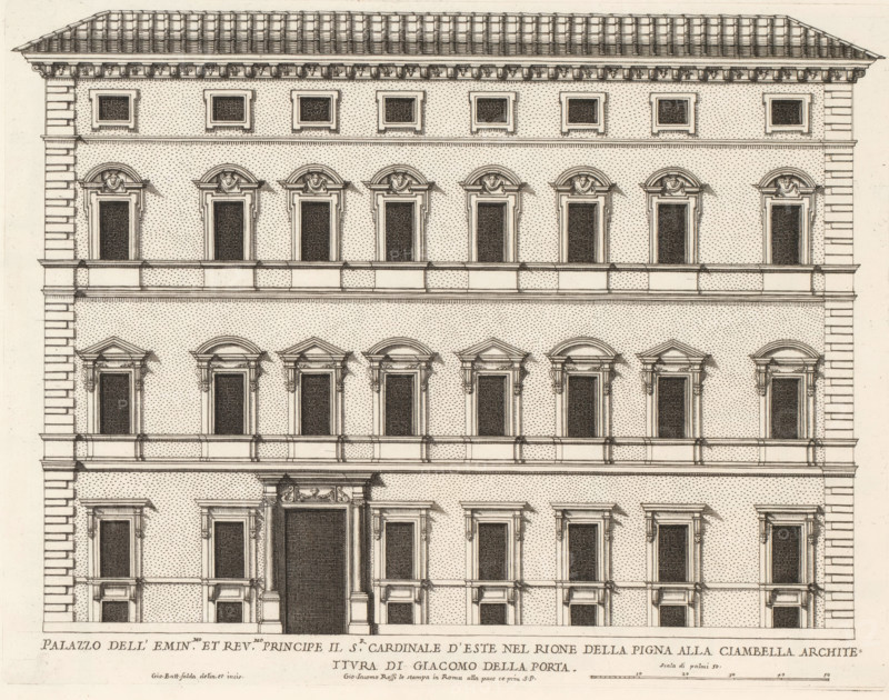 Façade of the Palace of Cardinal d'Este, Palazzo dell' emin.mo et rev.mo principle il sr cardinale d'Est, Palazzi di Roma dei più celebri architett, Palazzi di Roma, Roman palaces, print, album page, Print is part of an album., inscription: 'Ende lib. No. 1. fol. 3. ...No. 387.', number: '60', printmaker: Giovanni Battista Falda, Italy, after drawing by Giovanni Battista Falda, after design by Giacomo della Porta, Rome, publisher: Giovanni Giacomo de' Rossi, grantor of privilege: Papal Court, Vatican City, dedicated by: Giovanni Giacomo de' Rossi, dedicated to: Antonio Barberini (I), in or after 1655, Giovanni Battista Falda, Giacomo della Porta, Giovanni Giacomo de' Rossi, Antonio Barberini (I), printmaker, after drawing by, after design by, publisher, paper, etching, height 281 mm x width 365 mm, This print is part of the series entitled: Palazzi di Roma. This series consists of two books. Book one, titled: Palazzi di Roma dei più celebri architetti..., consists of 44 prints attribut...