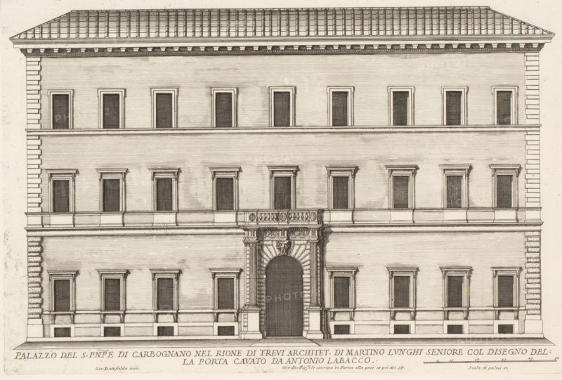 Façade of Palazzo Sciarra, Palazzo del S. pnpe di Carbognano nel Rione di Trev, Palazzi di Roma, Roman palaces, Palazzi di Roma dei più celebri architett, print, album page, Print is part of an album., inscription: 'Ende lib. No. 21. fol. 292. 267.', number: '62', printmaker: Giovanni Battista Falda, Italy, after design by Martino Longhi (I), Rome, after design by Giacomo della Porta, after design by Antonio Labacco, publisher: Giovanni Giacomo de' Rossi, grantor of privilege: Papal Court, Vatican City, commissioned by: Giovanni Giacomo de' Rossi, dedicated to: Antonio Barberini (I), in or after 1655, Giovanni Giacomo de' Rossi, Papal court, Antonio Barberini (I), printmaker, after drawing by, after design by, publisher, grantor of privilege, paper, etching, height 250 mm x width 377 mm, This print is part of the series entitled: Palazzi di Roma. This series consists of two books. Book one, titled: Palazzi di Roma dei più celebri architetti..., consists of 44 prints attributed to Giova...