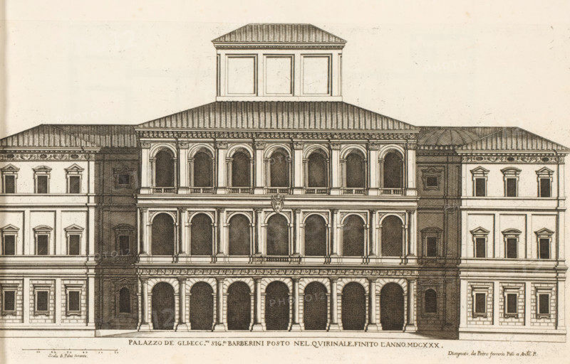 Façade of Palazzo Barberini, Palazzo de gli ecc.mi sig.ri Barberini posto nel Quirinale finito l'anno MDCXXX, Roman palaces, Palazzi di Roma, Palazzi di Roma dei più celebri architett, print, album page, Print is part of a album., number: '7', inscription: 'Ende lib. No. 22. fol., Ende lib. No. 23. fol. 813...', printmaker: Giovanni Battista Falda, Italy, after drawing by Pietro Ferrerio, publisher: Giovanni Giacomo de' Rossi, Rome, dedicated by: Giovanni Giacomo de' Rossi, dedicated to: Antonio Barberini (I), in or after 1655, Giovanni Battista Falda, Pietro Ferrerio, Giovanni Giacomo de' Rossi, Antonio Barberini (I), printmaker, after drawing by, publisher, paper, etching, height 240 mm x width 411 mm, This print is part of the series entitled: Palazzi di Roma. This series consists of two books. Book one, entitled: Palazzi di Roma dei più celebri architetti..., consists of 44 prints attributed to Giovanni Battista Falda (name appears only on print 27) and published by Giovanni Giacom...
