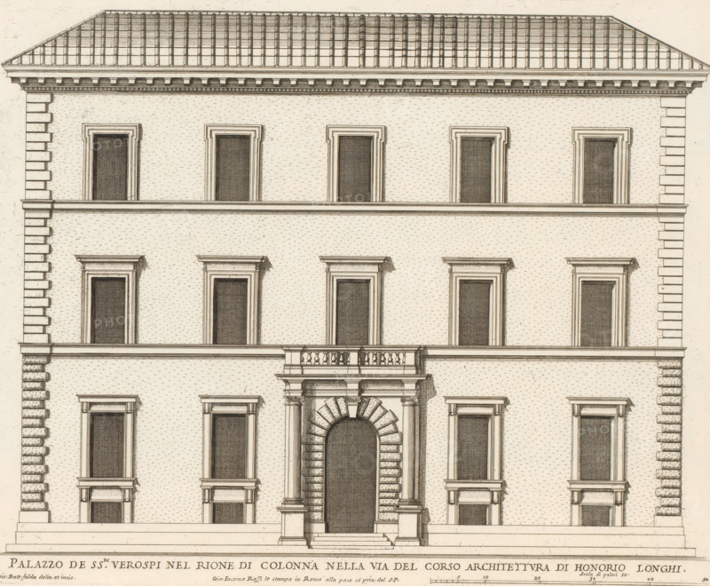 Palazzo de ss.ri Verospi nel Rione di Colonna nella Via del Cors, Façade of Palazzo Verospi, Palazzi di Roma, Palazzi di Roma dei più celebri architett, Roman palaces, print, album page, Print is part of an album., number: '73', printmaker: Giovanni Battista Falda, Italy, after design by Onorio Longhi, Rome, publisher: Giovanni Giacomo de' Rossi, grantor of privilege: Papal Court, Vatican City, dedicated by: Giovanni Giacomo de' Rossi, dedicated to: Antonio Barberini (I), in or after 1655, Giovanni Giacomo de' Rossi, Papal Court, Antonio Barberini (I), printmaker, after drawing by, after design by, publisher, grantor of privilege, paper, etching, height 295 mm x width 370 mm, This print is part of the series titled: Palazzi di Roma. This series consists of two books. Book one, titled: Palazzi di Roma dei più celebri architetti..., consists of 44 prints attributed to Giovanni Battista Falda (name appears only on print 27) and published by Giovanni Giacomo de'Rossi. These 44 prints are k...