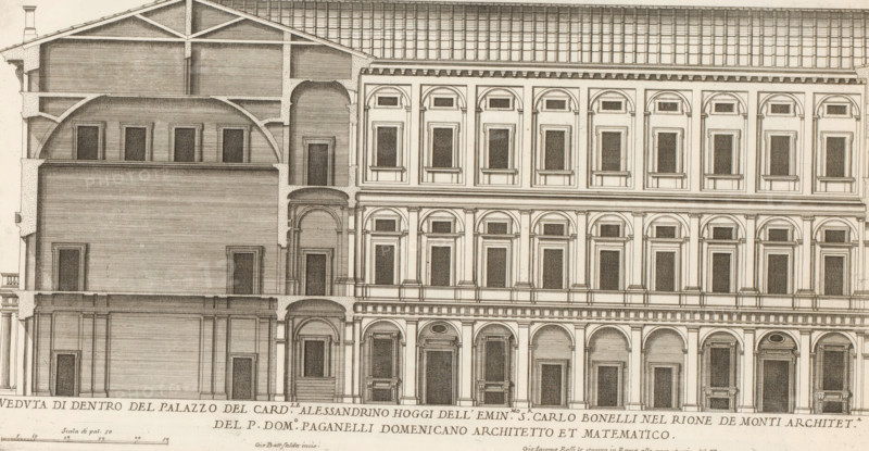 Facade and vertical section of the palace of Cardinal Alessandrino, Veduta di dentro del Palazzo del card.le Alessandrin, Palazzi di Roma dei più celebri architett, Palazzi di Roma, Roman palaces, print, album page, Print is part of an album., number: '74', inscription: 'Ende lib. No. 23. fol. 150., End lib. No. 21 fol. 501. ende lib. No. 8. fol. 36. 44.', printmaker: Giovanni Battista Falda, Italy, publisher: Giovanni Giacomo de' Rossi, Rome, grantor of privilege: Papal Court, Vatican City, dedicated by: Giovanni Giacomo de' Rossi, dedicated to: Antonio Barberini (I), in or after 1655, Giovanni Giacomo de' Rossi, Papal Court, Antonio Barberini (I), printmaker, after drawing by, publisher, grantor of privilege, paper, etching, height 221 mm x width 425 mm, This print is part of the series titled: Palazzi di Roma. This series consists of two books. Book one, titled: Palazzi di Roma dei più celebri architetti..., consists of 44 prints attributed to Giovanni Battista Falda (name appears o...