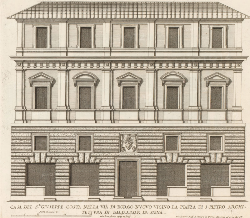 Façade of the house of Giuseppe Costa, Casa del sr Giuseppe Costa nella Via di Borgo Nuov, Palazzi di Roma dei più celebri architett, Palazzi di Roma, Roman palaces, print, album page, Print is part of an album., number: '76', inscription: 'Ende lib. No. 1. fol. 3. ...No. 384.', printmaker: Giovanni Battista Falda, Italy, after design by Balthasar de Siena, Rome, publisher: Giovanni Giacomo de' Rossi, grantor of privilege: Papal Court, Vatican City, dedicated by: Giovanni Giacomo de' Rossi, dedicated to: Antonio Barberini (I), in or after 1655, Giovanni Giacomo de' Rossi, Papal court, Antonio Barberini (I), printmaker, after drawing by, after design by, publisher, grantor of privilege, paper, etching, height 304 mm x width 350 mm, This print is part of the series entitled: Palazzi di Roma. This series consists of two books. Book one, titled: Palazzi di Roma dei più celebri architetti..., consists of 44 prints attributed to Giovanni Battista Falda (name appears only on print 27) and pub...