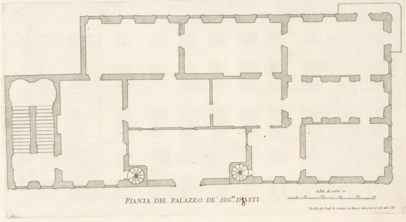 Map of Palazzo Bonaparte, Pianta del Palazzo de' sig.ri d'Asti, Palazzi di Roma dei più celebri architett, Roman palaces, Palazzi di Roma, print, album page, Print is part of an album., number: '78', print maker: Giovanni Battista Falda, Italy, after design by Giovanni Antonio de' Rossi, Rome, publisher: Giovanni Giacomo de' Rossi, grantor of privilege: Papal Court, Vatican City, dedicated by: Giovanni Giacomo de' Rossi, dedicated to: Antonio Barberini (I), in or after 1655, Giovanni Battista Falda, Giovanni Antonio de' Rossi, Giovanni Giacomo de' Rossi, Papal court, Antonio Barberini (I), printmaker, after drawing by, after design by, publisher, grantor of privilege, paper, etching, height 214 mm x width 400 mm, This print is part of the series titled: Palazzi di Roma. This series consists of two books. Book one, titled: Palazzi di Roma dei più celebri architetti..., consists of 44 prints attributed to Giovanni Battista Falda (name appears only on print 27) and published by Giovanni G...