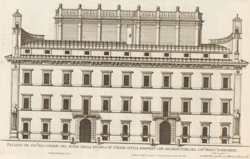 Façade of Palazzo Falconieri, Palazzo de sig.ri Falconieri nel Rione della Ragola in Strada Giuli, Palazzi di Roma, Palazzi di Roma dei più celebri architett, Roman palaces, print, album page, Print is part of an album., inscription: 'Ende lib. No. 23. fol. 811., End lib. No. 1. fol. 3...No. 388.', number: '80', printmaker: Giovanni Battista Falda, Italy, after design by Francesco Borromini, Rome, publisher: Giovanni Giacomo de' Rossi, grantor of privilege: Papal Court, Vatican City, dedicated by: Giovanni Giacomo de' Rossi, dedicated to: Antonio Barberini (I), in or after 1655, Giovanni Giacomo de' Rossi, Papal court, Antonio Barberini (I), printmaker, after drawing by, after design by, publisher, grantor of privilege, paper, etching, height 261 mm x width 419 mm, This print is part of the series entitled: Palazzi di Roma. This series consists of two books. Book one, titled: Palazzi di Roma dei più celebri architetti..., consists of 44 prints attributed to Giovanni Battista Falda (nam...