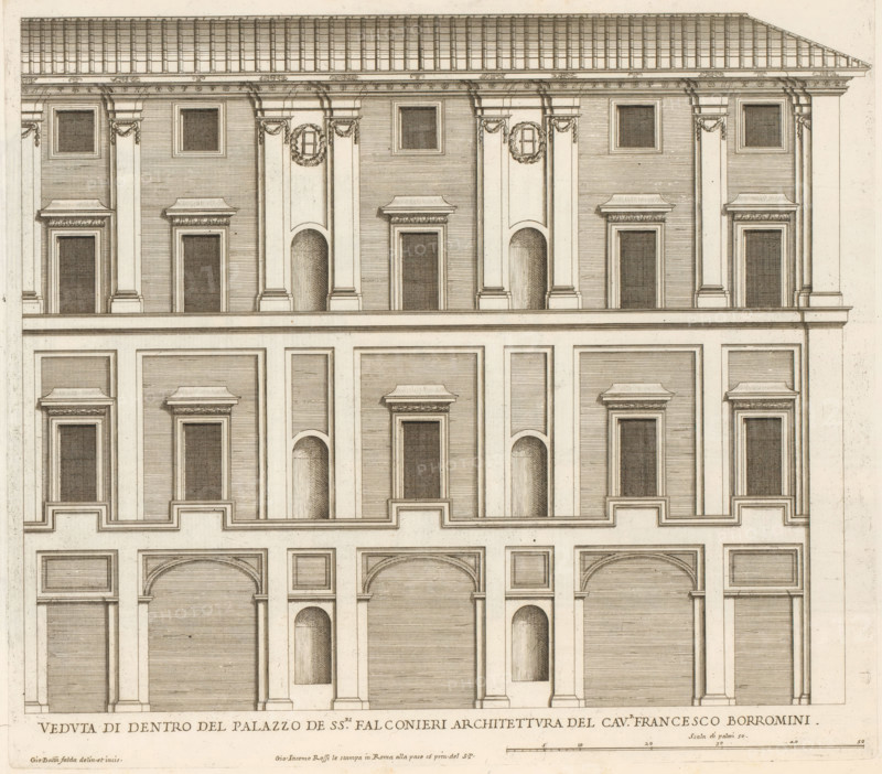 Veduta di dentro del Palazzo de ss.ri Falconier, Facade of the courtyard of Palazzo Falconieri, Roman palaces, Palazzi di Roma, Palazzi di Roma dei più celebri architett, print, album page, Print is part of an album., number: '81', printmaker: Giovanni Battista Falda, Italy, after design by Francesco Borromini, Rome, publisher: Giovanni Giacomo de' Rossi, grantor of privilege: Papal Court, Vatican City, dedicated by: Giovanni Giacomo de' Rossi, dedicated to: Antonio Barberini (I), in or after 1655, Giovanni Giacomo de' Rossi, Papal Court, Antonio Barberini (I), printmaker, after drawing by, after design by, publisher, grantor of privilege, paper, etching, height 321 mm x width 359 mm, This print is part of the series titled: Palazzi di Roma. This series consists of two books. Book one, titled: Palazzi di Roma dei più celebri architetti..., consists of 44 prints attributed to Giovanni Battista Falda (name appears only on print 27) and published by Giovanni Giacomo de'Rossi. These 44 pri...